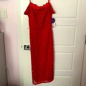 Red lace off the shoulder midi dress !